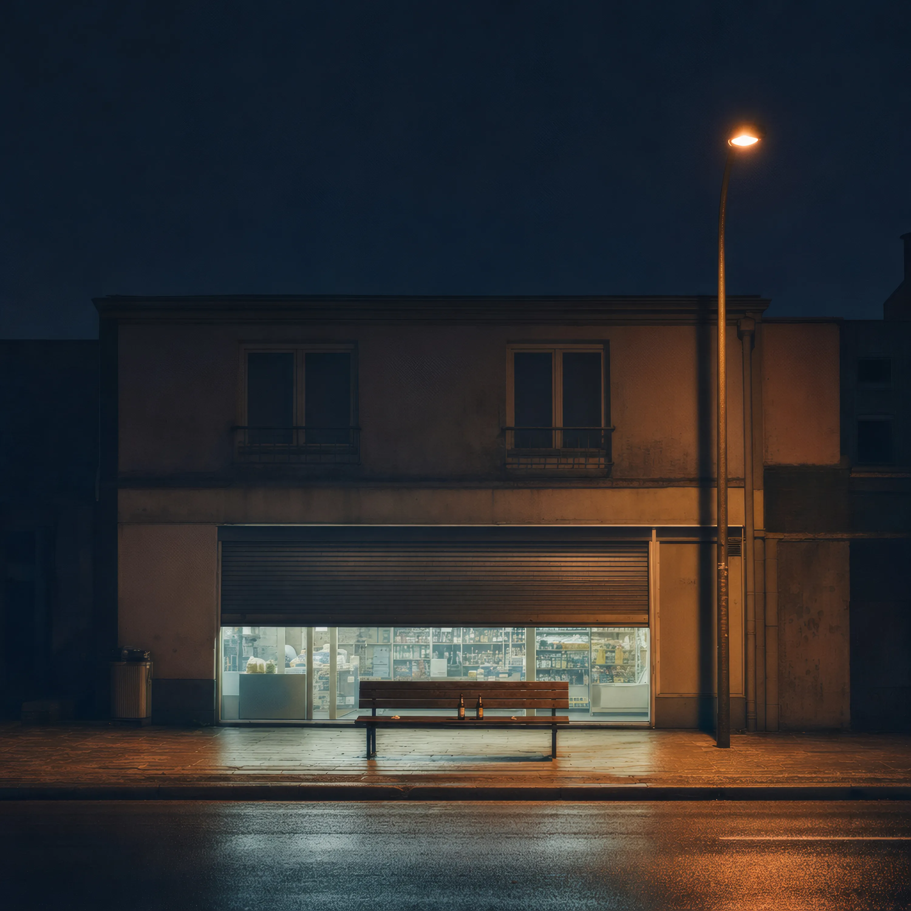 Cover der Single Späti: ein Späti bei Nacht, das Rollgitter halb unten, davor eine leere Bank