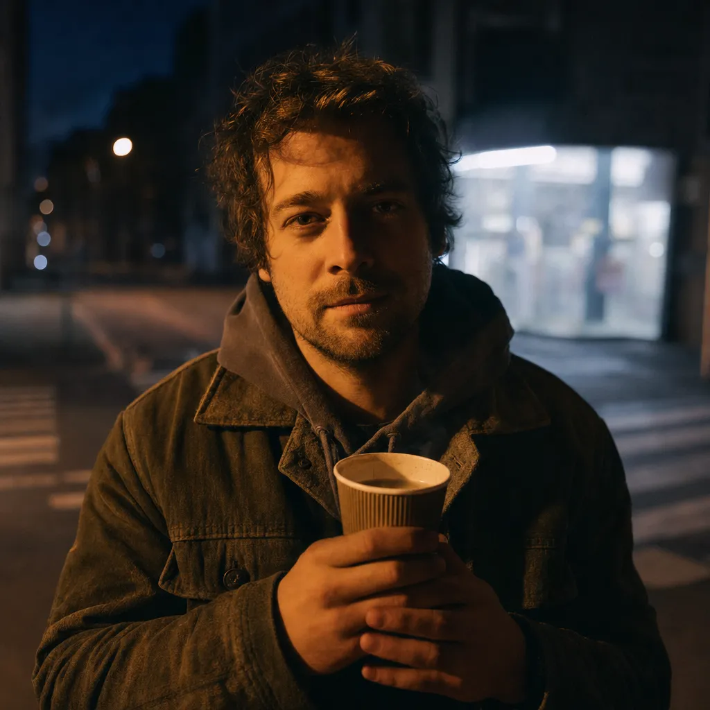 Mats Kiesel nachts im Licht einer Laterne, eine Gesichtshälfte im Schatten, einen dampfenden Kaffeebecher in beiden Händen